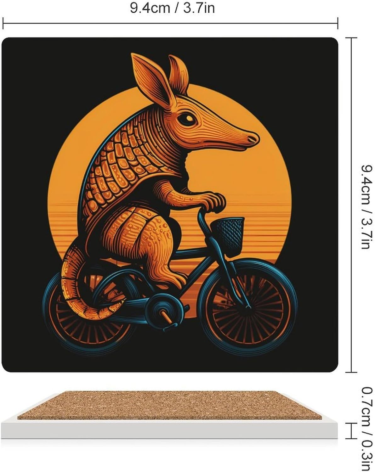 Armadillo ON A Bicycle Ceramic Coasters Set Square Drink Coasters Table Coaster for Kitchen Desktop Decor
