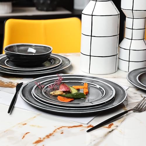 Miniatura 4 de Juego de vajilla de melamina, 12 platos y cuencos de melamina para 4, adecuados para uso en interiores y exteriores, color negro