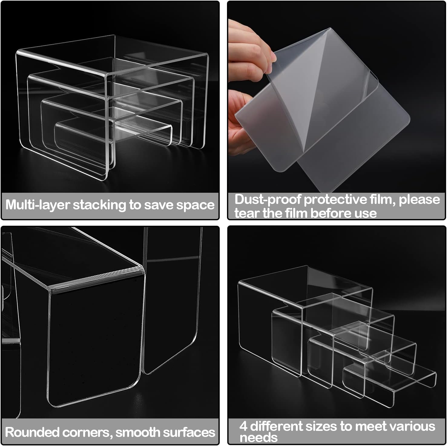 MerryNine Clear Acrylic Risers Display Stands Multi-Size | 8-Piece Set, Square, 4"~6.3", Ideal for Retail, Cupcakes, Figures, Collectibles Display, 3mm Thick, No Assembly