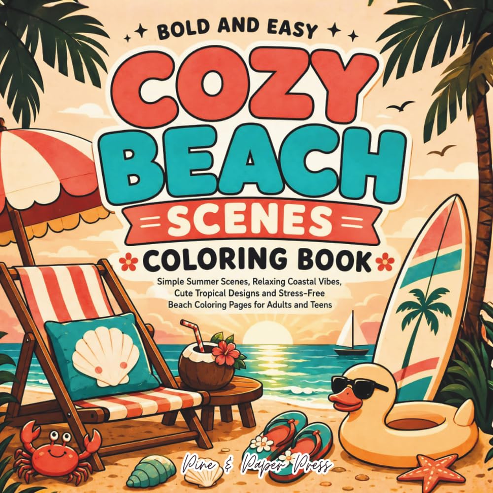 Bold and Easy Cozy Beach Scenes Coloring Book: Simple Summer Scenes, Relaxing Coastal Vibes, Cute Tropical Designs and Stress-Free Beach Coloring Pages for Adults and Teens (Bold & Easy Cozy Spaces)