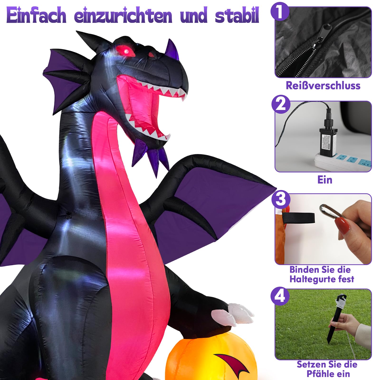 Danxilu 2,7m XXL Halloween Aufblasbar Drache auf Kürbis Outdoor Deko | Aufblasbare Figuren Dekoration mit LED-Beleuchtung für Garten Draußen Rasen Party Vorgarten