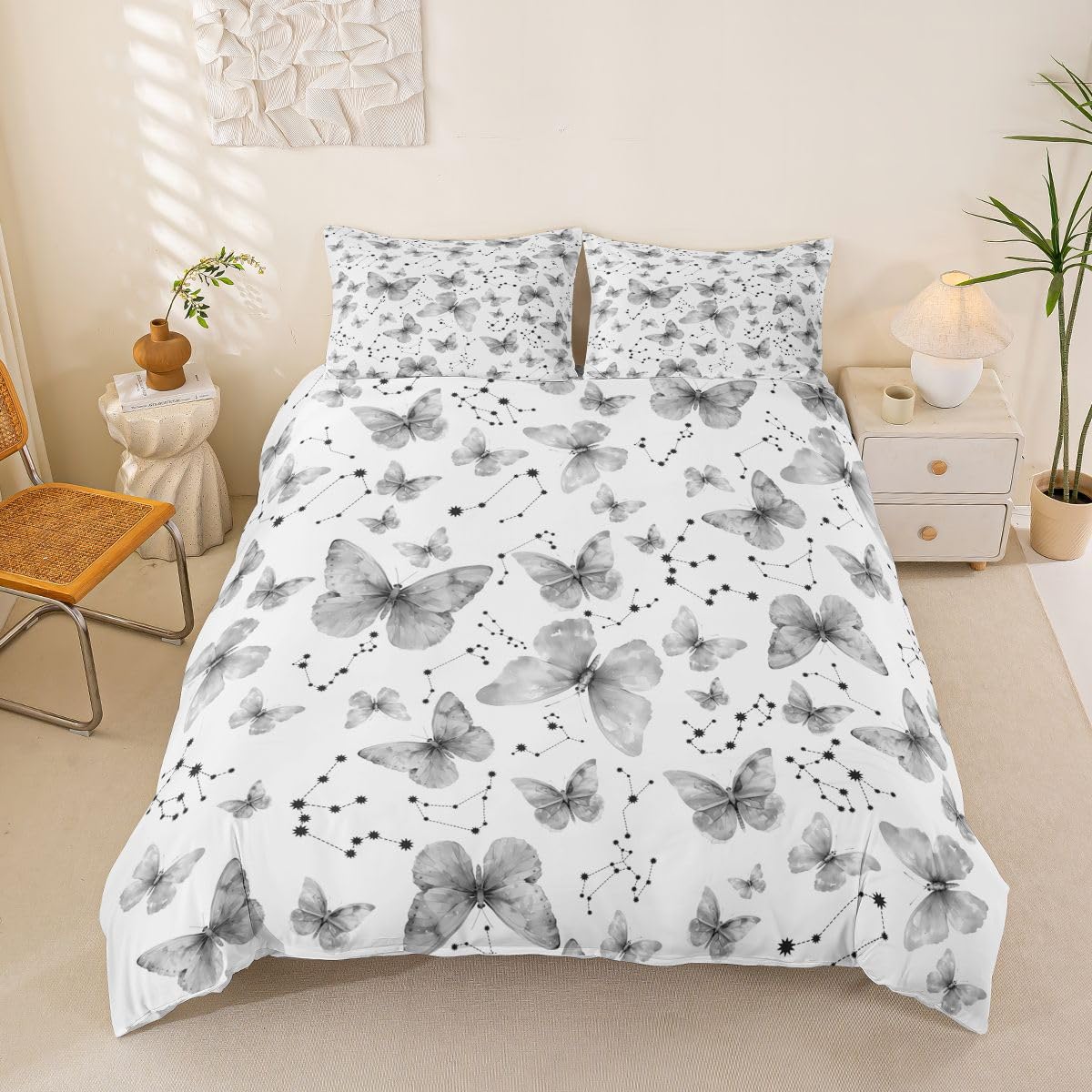 Sets de housses de couettes papillons gris et couvre lit animal mignon 240x260