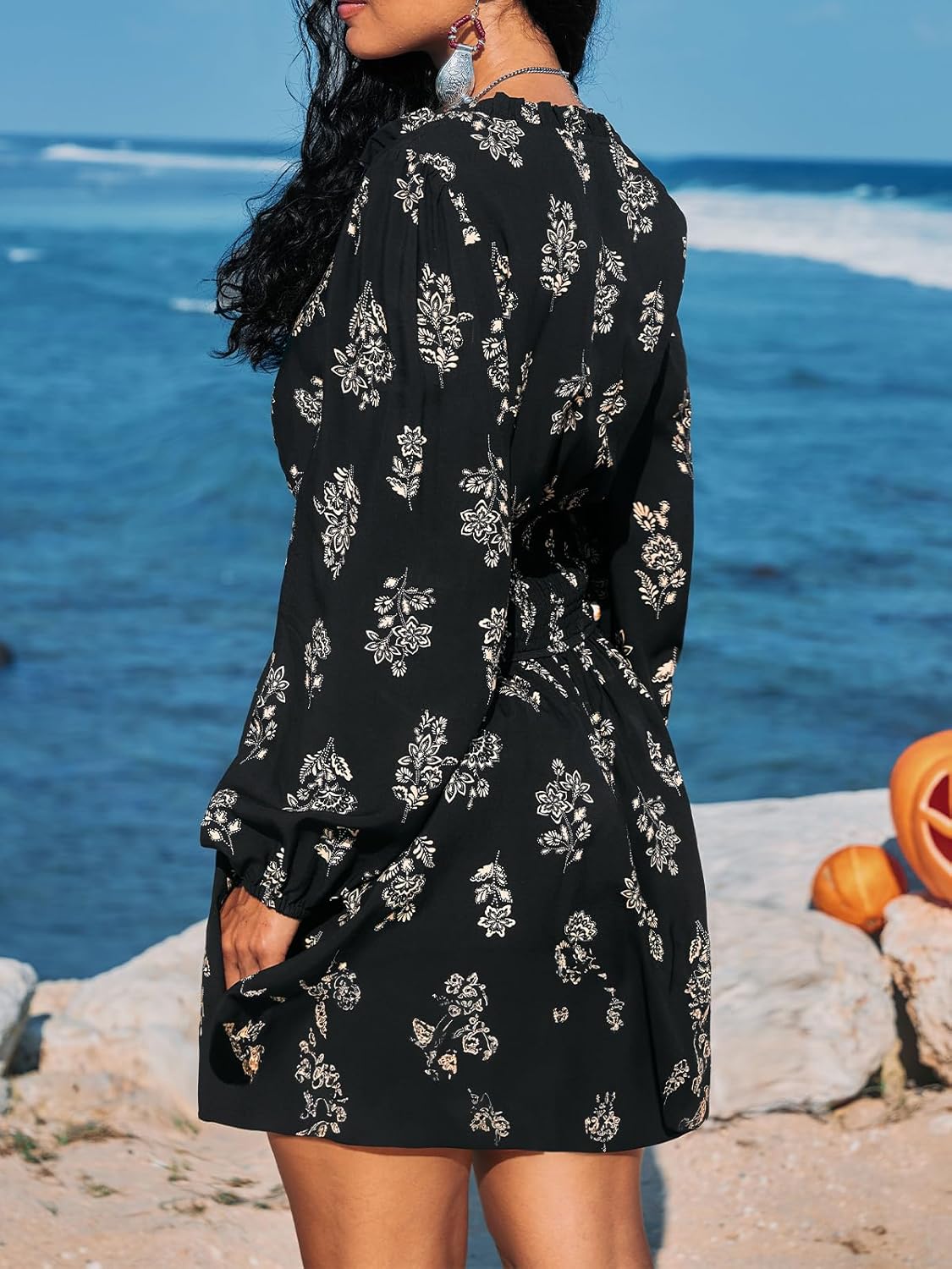 CUPSHE Women's Floral Mini Dress Tie Neck Puff Sleeves Ruffle A Line Tunic Casual Fall Dress - Image 4