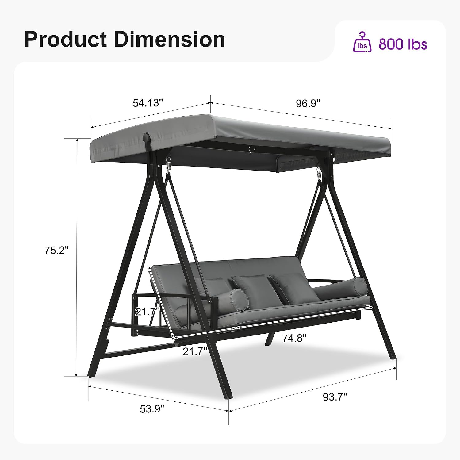 PURPLE LEAF Convertible Ourdoor Porch Swing Daybed with Adjustable Tilt Canopy Heavy-Duty Steel Frame 3-Seat Porch Swing with Stand and Removable Cushions for Backyard Garden Deck Balcony (Grey)