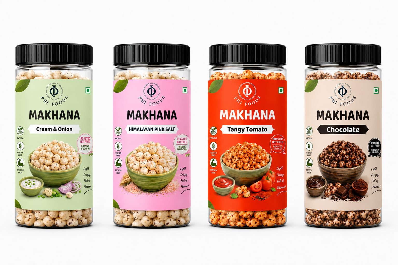 PHI Foods Discovery Box Roasted Makhana | 4 Flavours | 75g × 4 (300g) | Includes Chocolate, Tangy Tomato, Cream & Onion & Himalayan Pink Salt-image-5