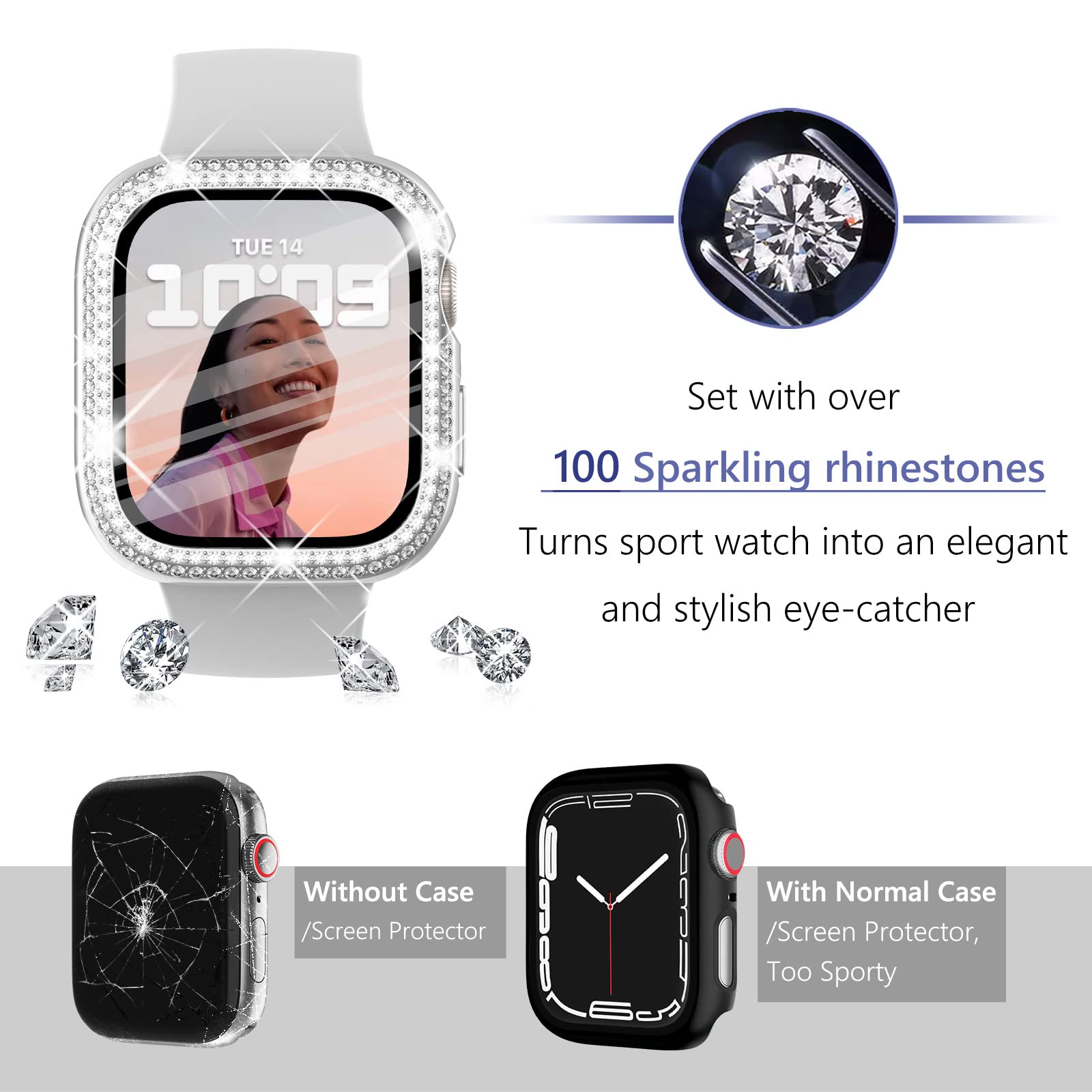 WINGLE Confezione da 10 custodie protettive per Apple Watch da 45 mm, serie 9, 8, 7, con vetro temperato, con strass, per Apple Watch iWatch 9/8/7 da donna, 45 mm