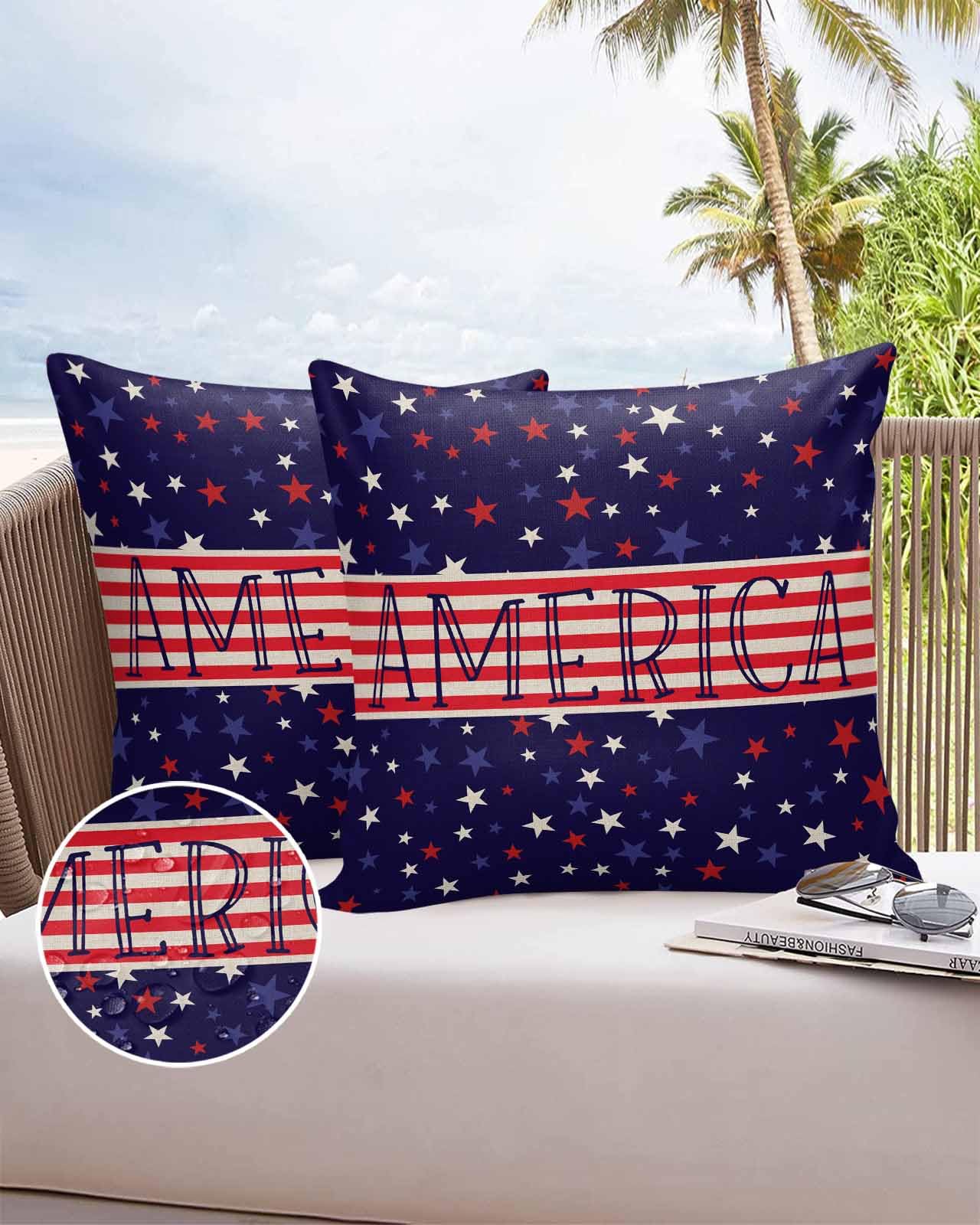 Outdoor Pillow Covers 16 x 16 in, 4th of July Waterproof Throw Pillow Cover Set of 2, Independence Day American Star Blue Red Rustic Home Decorative Square Cushion Covers for Patio/Couch/Garden