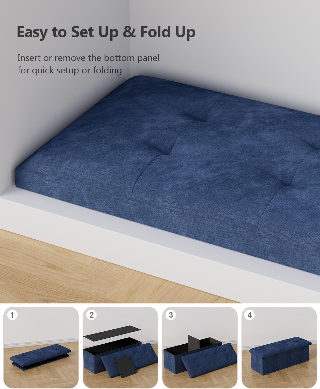 Folding Storage Ottoman Bench, Multi-Functional Ottoman Foot Rest, End of Bed Bench, Storage Chest for Living Room, Bedroom, Hallway, Entryway, Holds Up to 600 lbs (Navy Blue, 43 Inches)