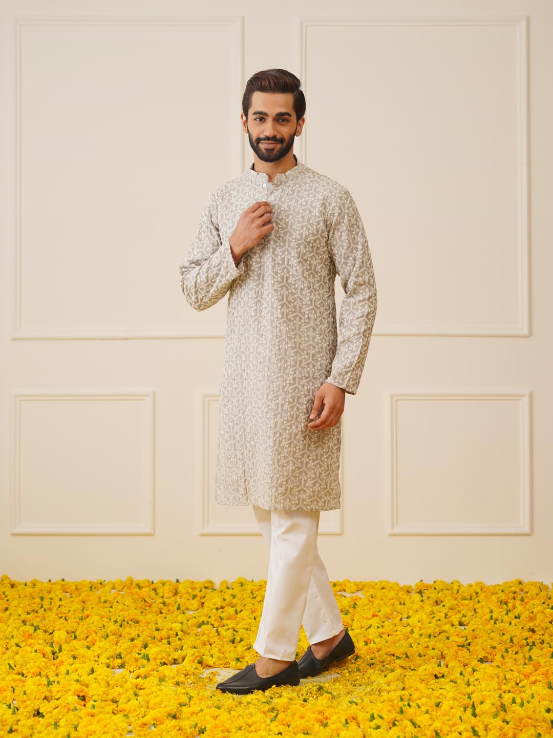 Jompers Men's Grey Chikankari Embroidered Kurta Pyjama Set. (Grey, Xl)