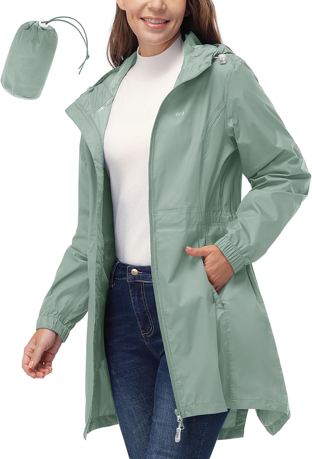 33,000ft Women's Waterproof Long Rain Coats Packable Rain Jacket with Hood Trench Coats Windbreaker