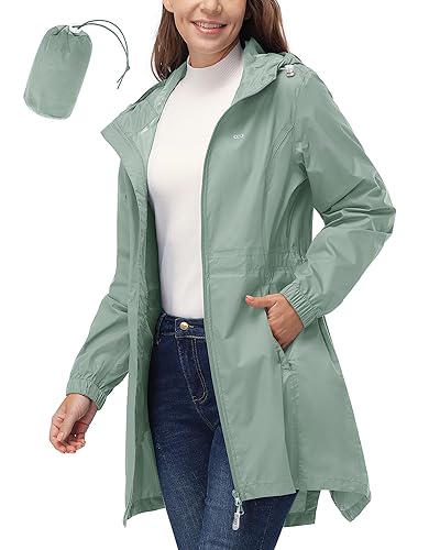 33,000ft Women's Waterproof Long Rain Coats Packable Rain Jacket with Hood Trench Coats Windbreaker - Large - Green