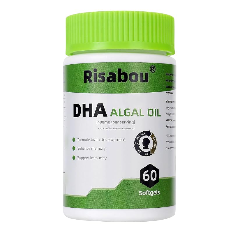 Risabou Suplemento de DHA de óleo de algas com ARA e SA, 400 mg, 60 cápsulas gelatinosas