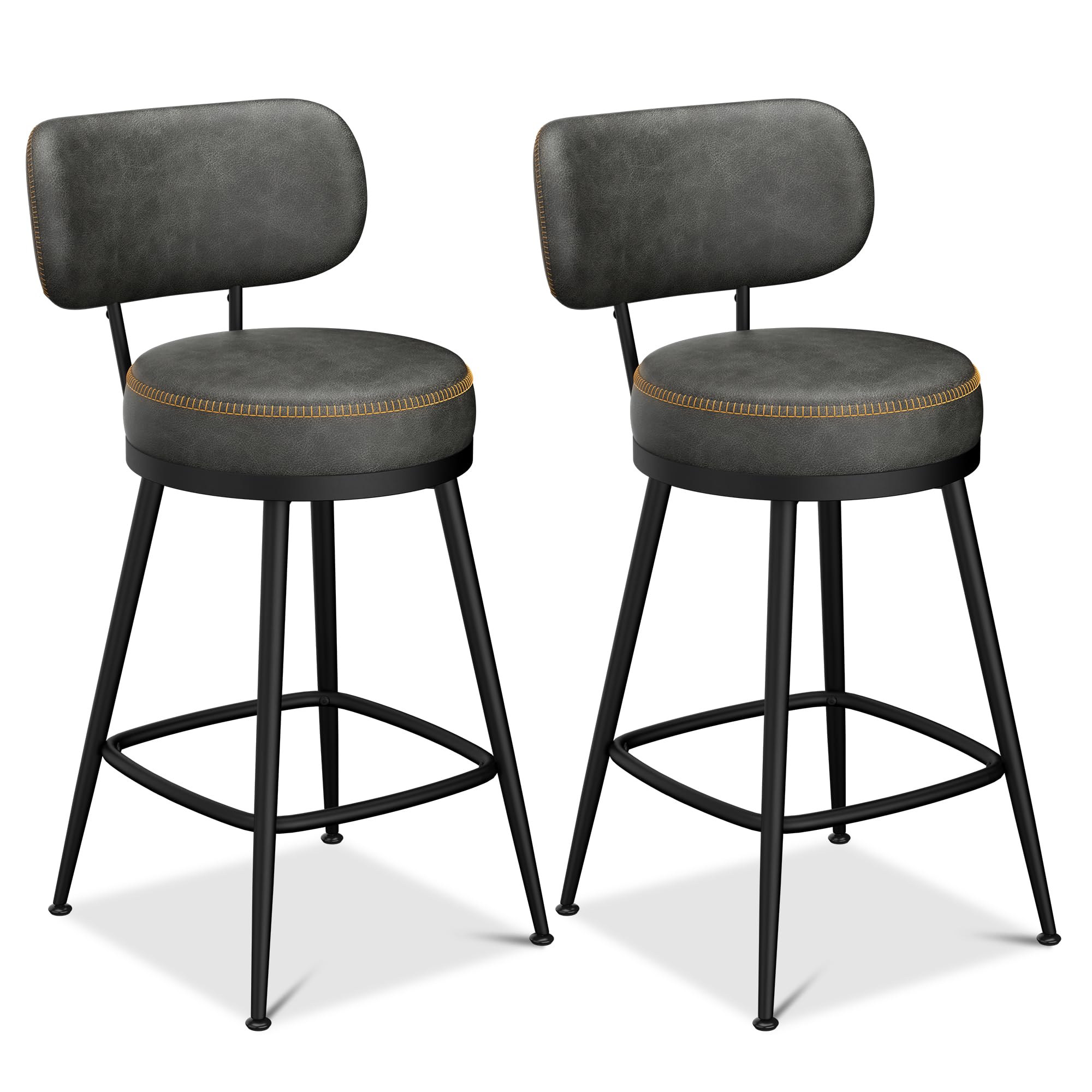 CarterChairr Counter Height Bar Stools Set of 2, Leather Swivel Bar Stools with Back, Kitchen Counter Stools with Metal Base and Stitching, 26”H