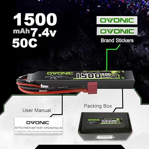 Miniatura 5 de OVONIC Lipo Batería 7.4v 1500mAh 2S 50C Lipo Batería con T Plug (2 unidades)