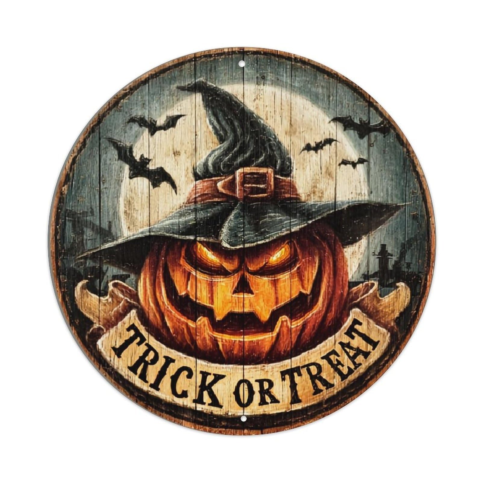 Halloween Pumpkin Witch Hat Design Vintage Metal Tin Sign Retro Wall Decor for Home Bar Garage Cafe, Indoor & Outdoor Decorative，circle Metal Poster, 8x8 Inch