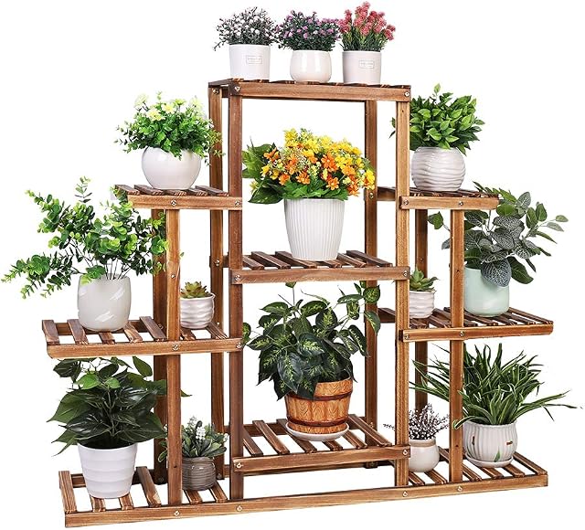 6 Tiered Plant Stand, Wooden Plant Shelf Indoor Plant Holder Flower Stand Outdoor Plant Rack Garden Display Ladder Planter Multi Plant Pot Holder 45.3x9.8x38