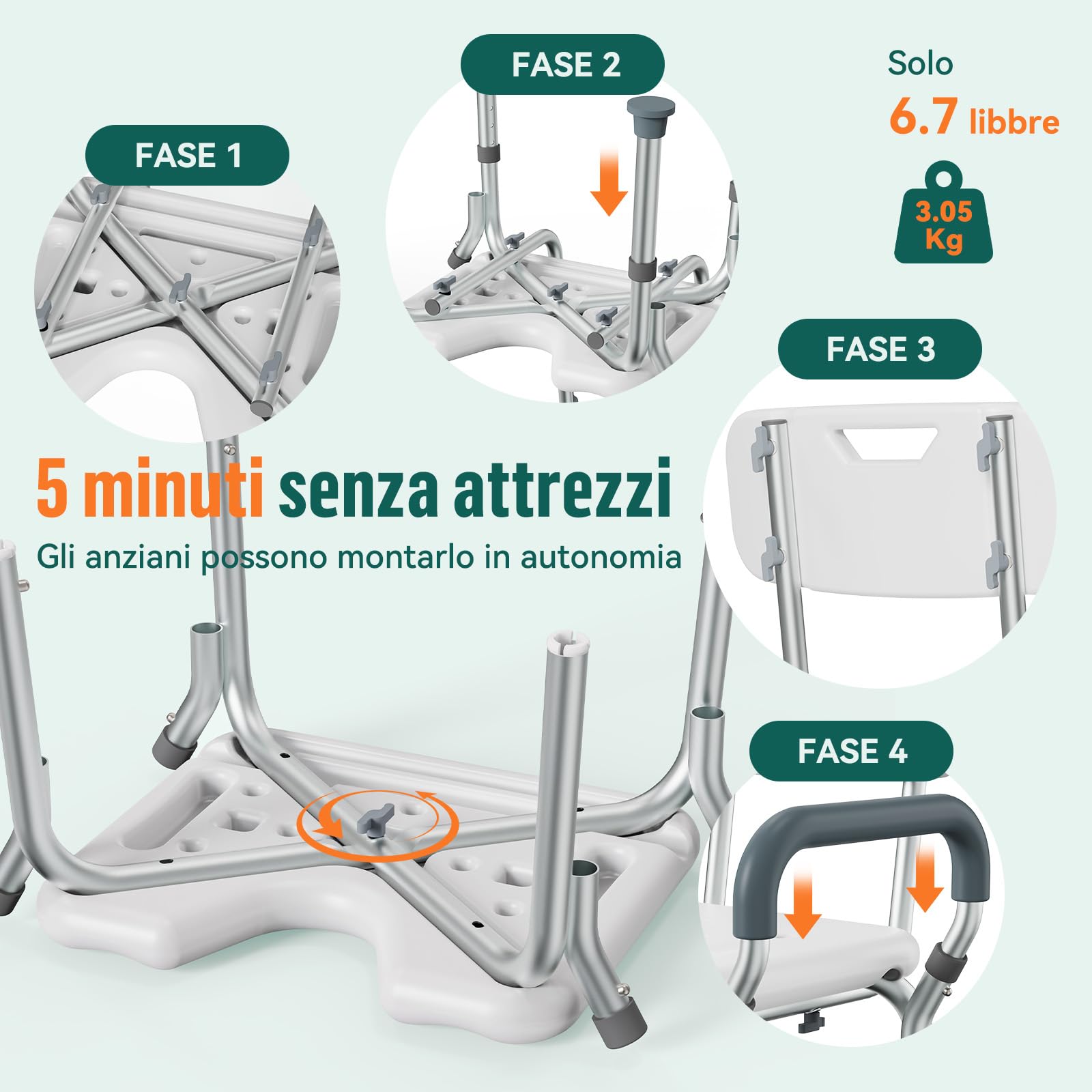 Sedia Doccia Regolabile con Braccioli – Sedile Doccia Antiscivolo a Forma di U con Schienale e Braccioli Imbottiti, Sgabello da Bagno Leggero per Anziani, Disabili e Recupero