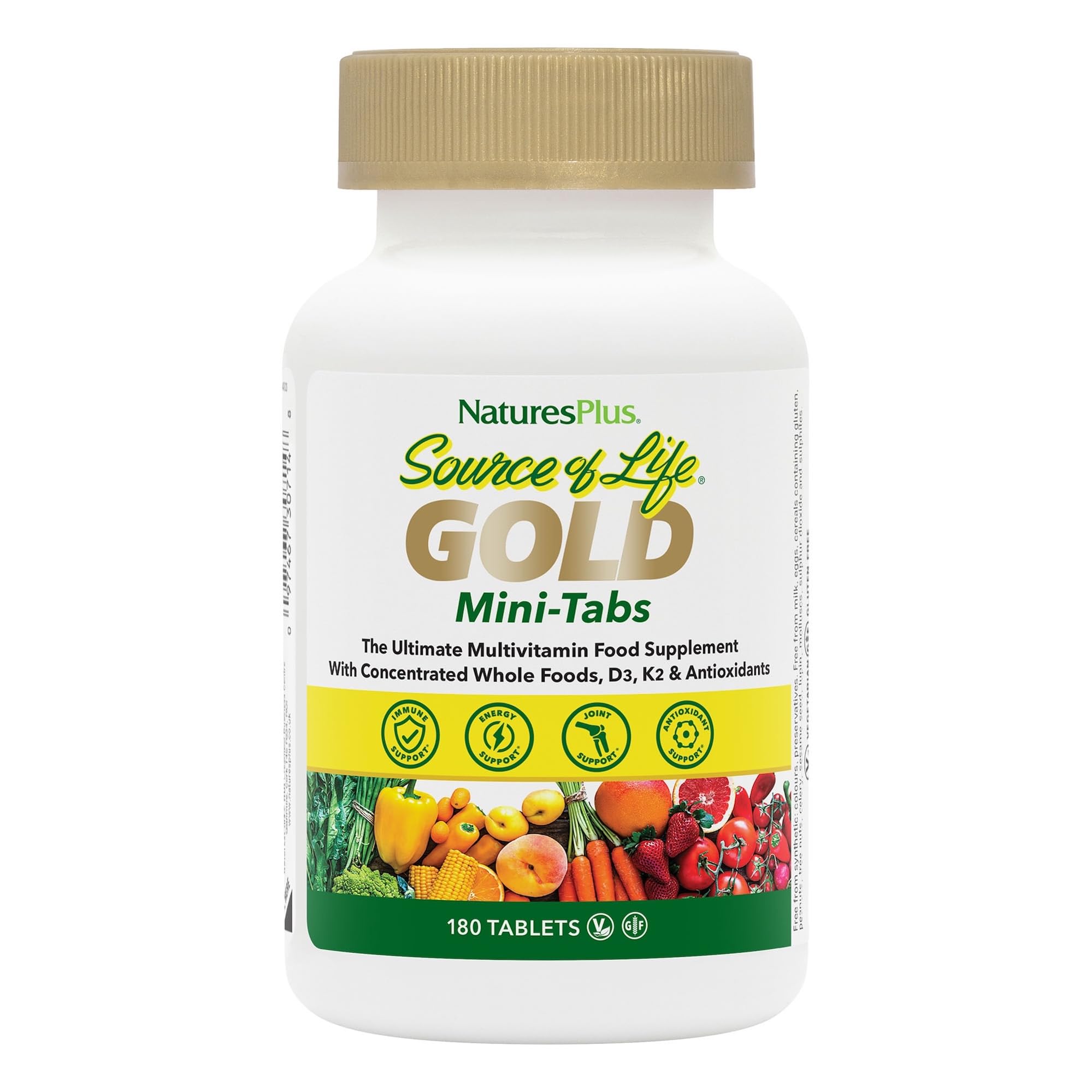 NaturesPlus Source of Life Gold Mini Tablets - Whole Food Multivitamin with Superfoods for Men and Women - Energy & Immune Support - Iron Free, Vegetarian, Gluten Free - 180 Tablets