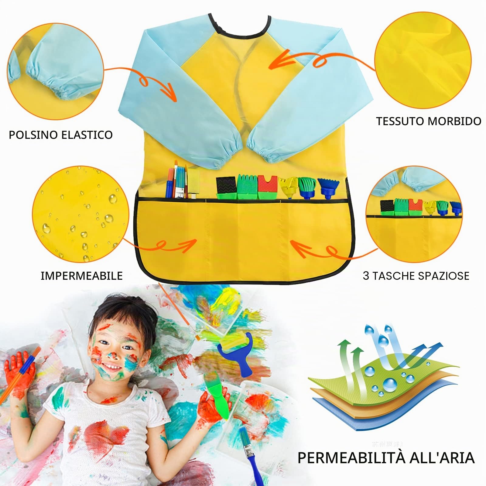 Set di pennelli per pittura a spugna, 65 pezzi, per bambini, per asilo nido, artigianato, arte fai da te, pittura di apprendimento precoce, grembiule e pennelli
