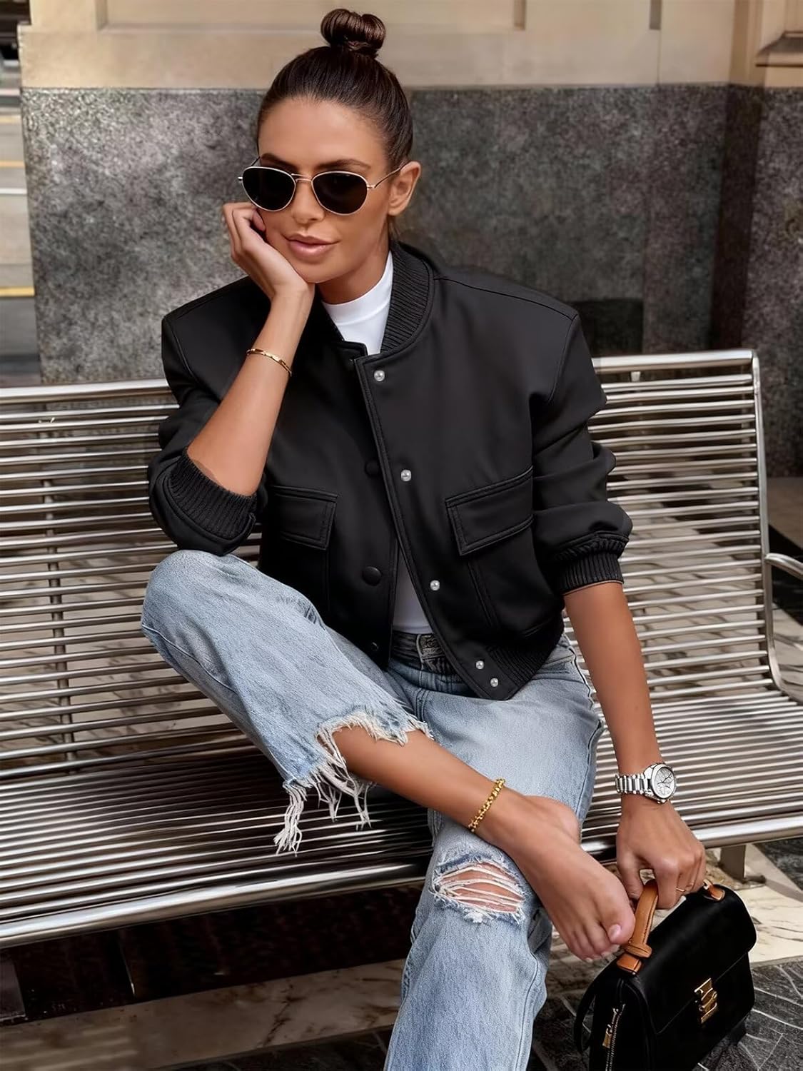 imbpceu Women Bomber Jacket Casual Long Sleeve Button Down Varsity Jackets with Pockets