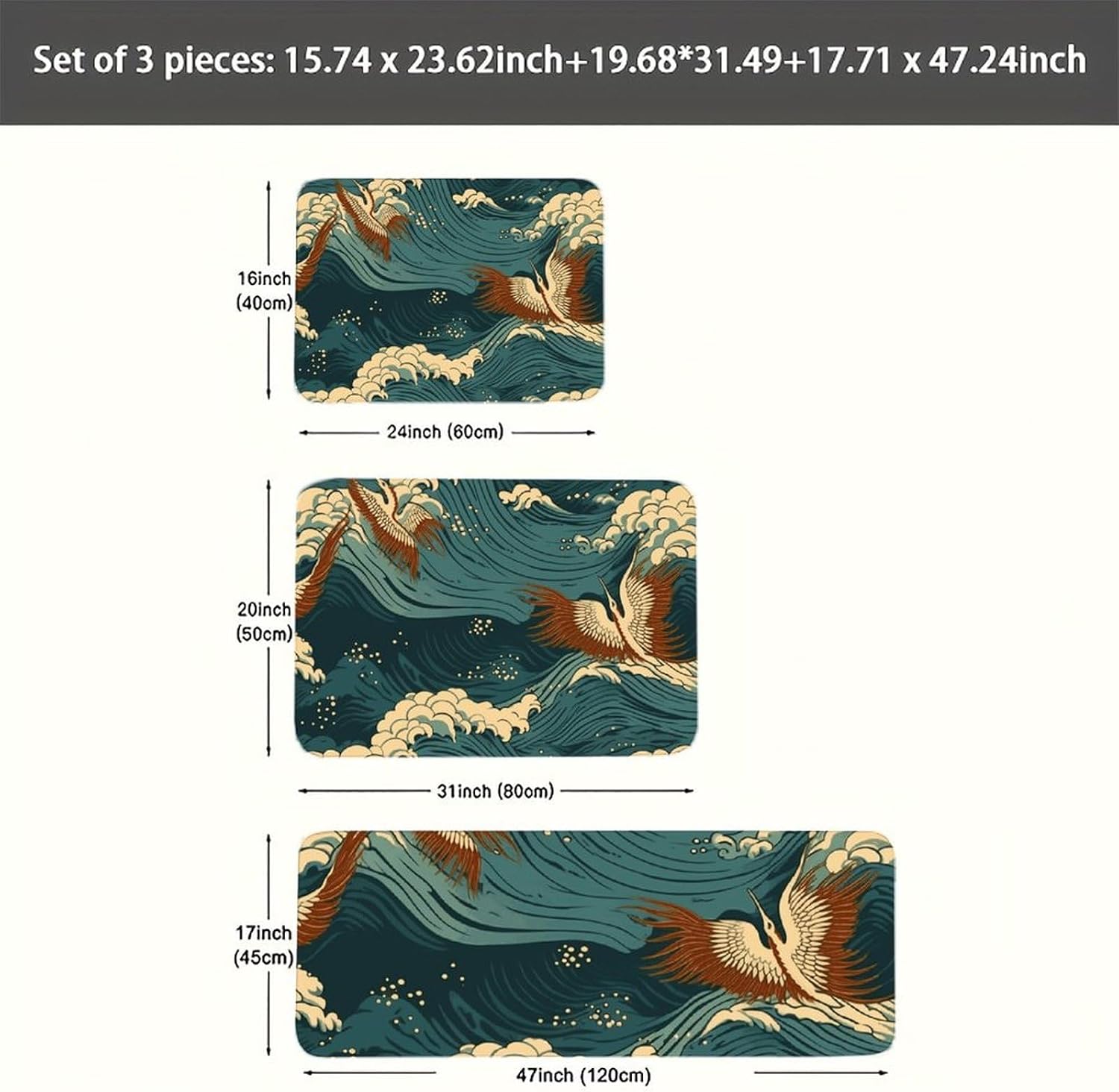 Japan Wave Wallpapers Kitchen Mats for Floor 3 Pcs Kitchen Rugs