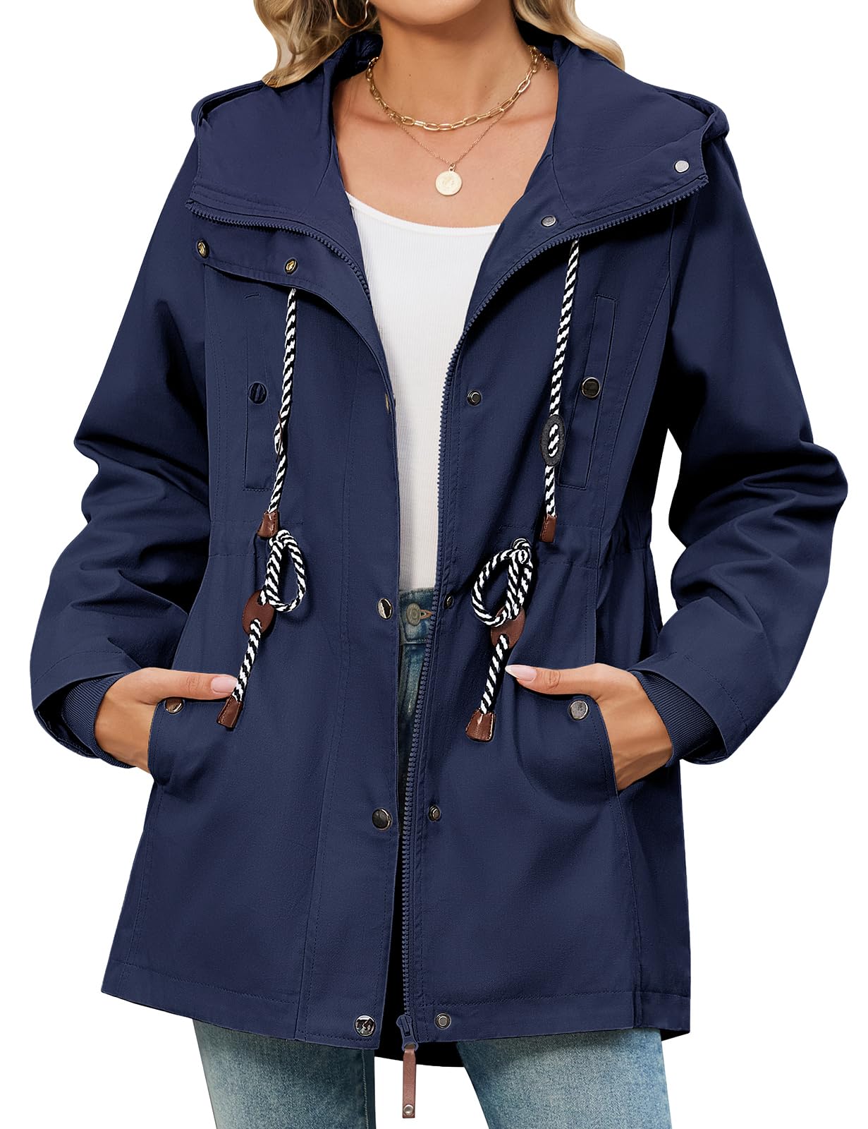 Yuson Girl Damesjas, lente, parka, lange jas, katoen, elegante mantel met capuchon en trekkoord, winddicht, lichte jas met ritssluiting, zakken, outdoor, Navy Blauw, L Yuson Girl Damesjas, lente, parka, lange jas, katoen, elegante mantel met capuchon en trekkoord, winddicht, lichte jas met ritssluiting, zakken, outdoor, Navy Blauw, L