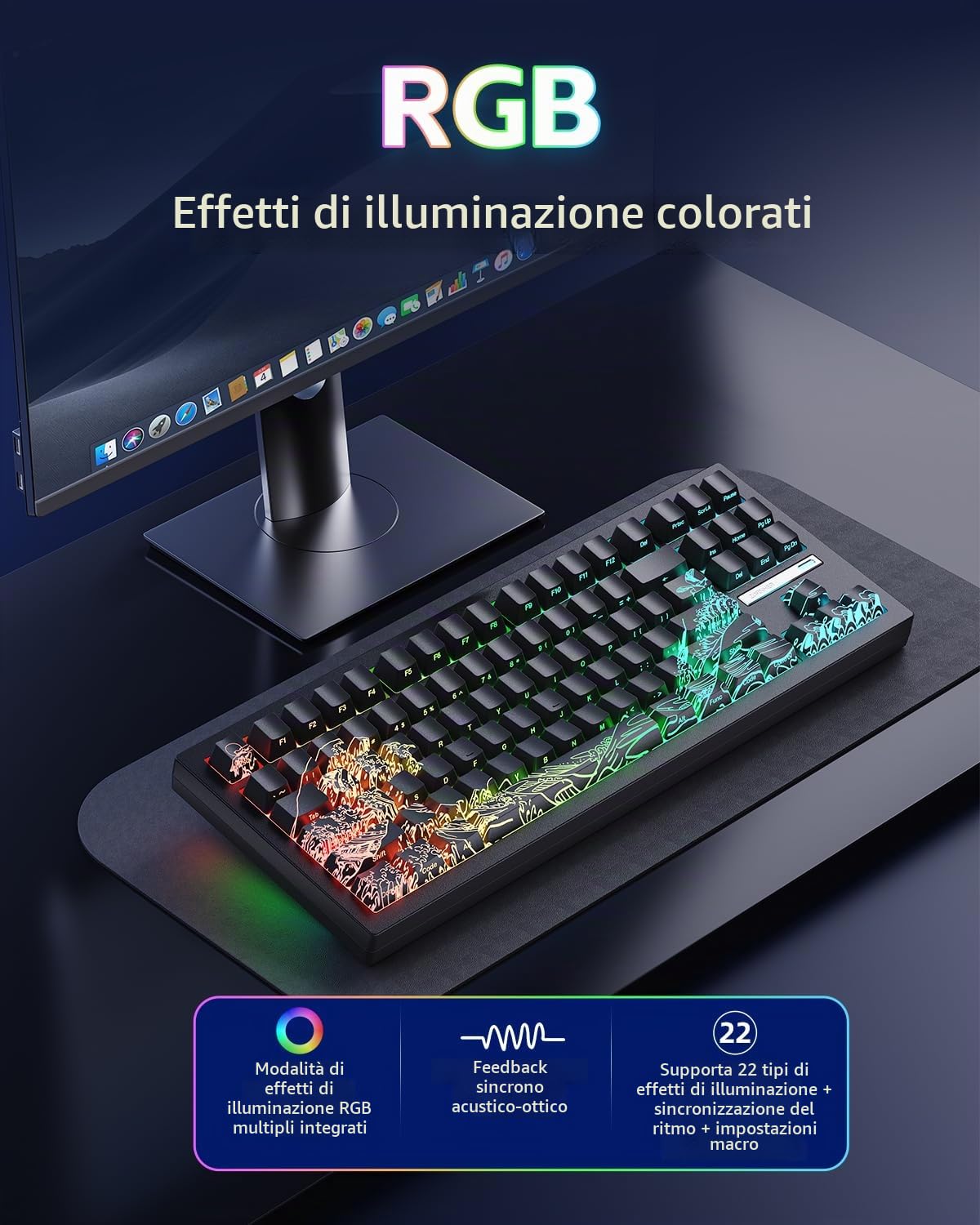 ZORNHER Tastiera meccanica da gioco wireless ZH870, tastiera nera con suono cremoso personalizzato all'80% con lucentezza, tasti Kanagawa IMD PBT, interruttori lineari pre-lubrificati, sostituibile a
