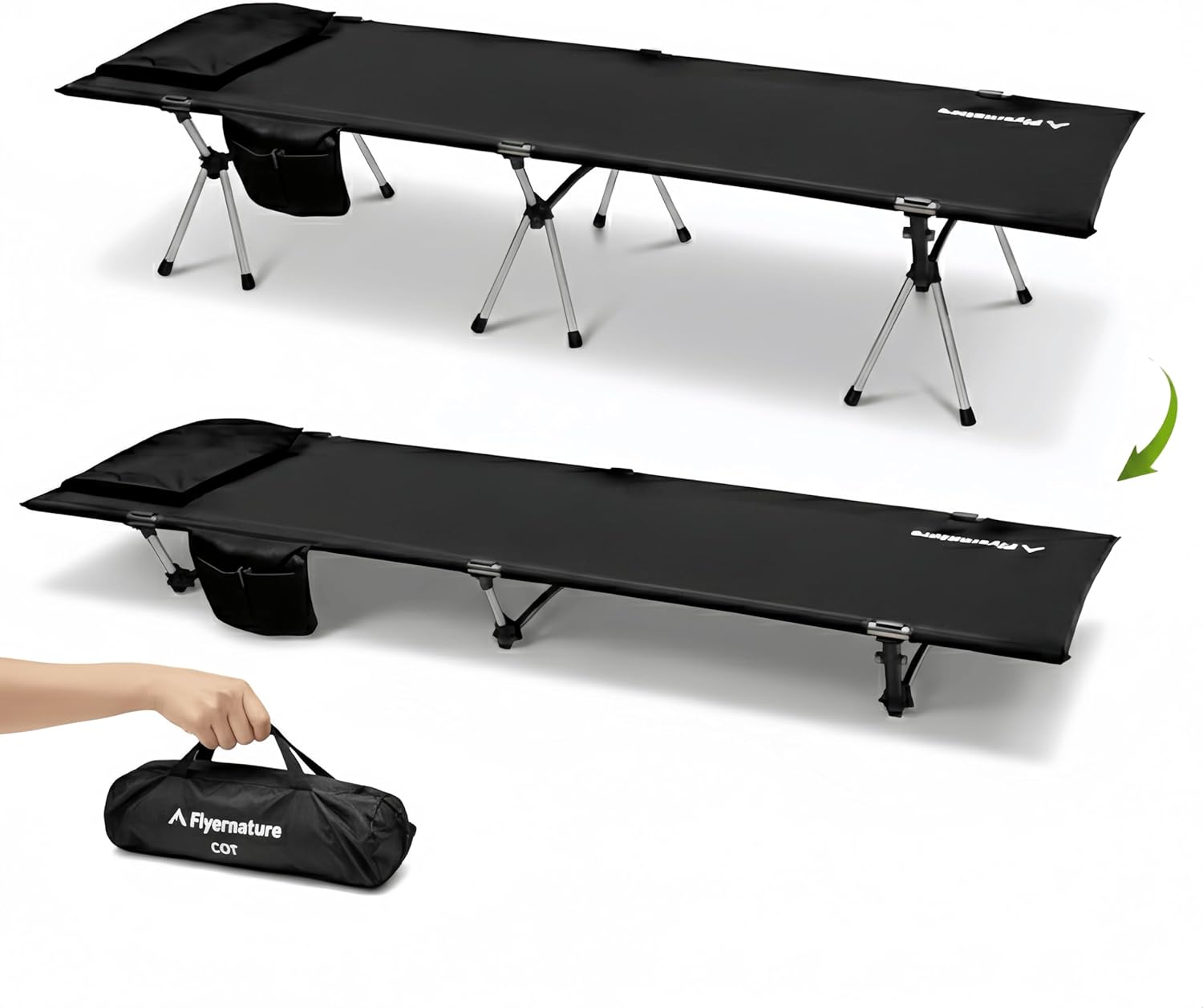 Camping Cot for Adults, Height Adjustable Sleeping Cot, Supports 300 lbs, Lightweight Compact Foldable for Backpacking, Hiking, Travel, Beach, Truck & Office Nap 1Pack | Flyernature