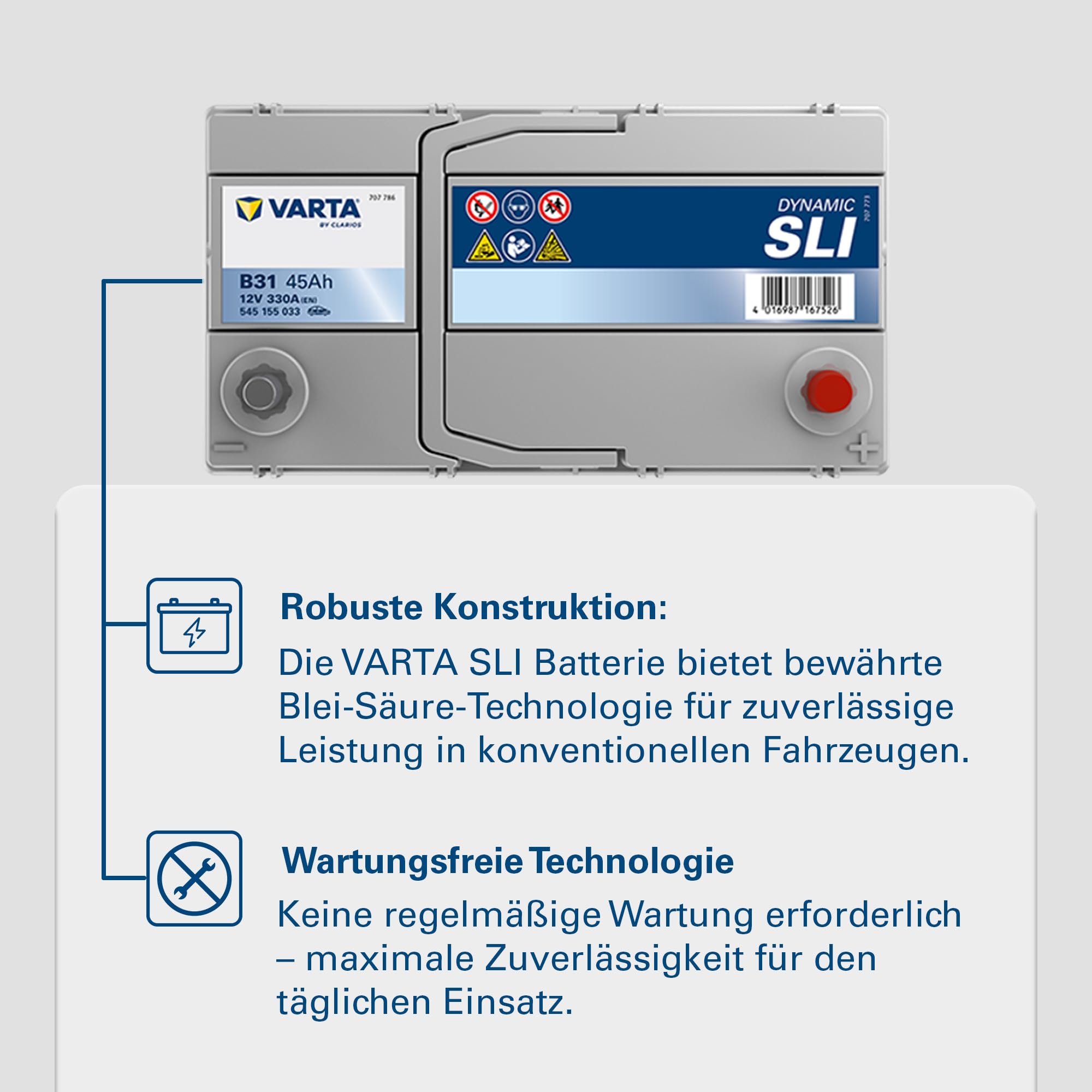 VARTA Automotive DYNAMIC SLI (B31) 12V 45Ah 330A - Nassbatterie KFZ mit Standardausstattung & ohne Start-Stopp System - Starterbatterie für einfachen Energiebedarf - Bleisäurebatterie wartungsfrei