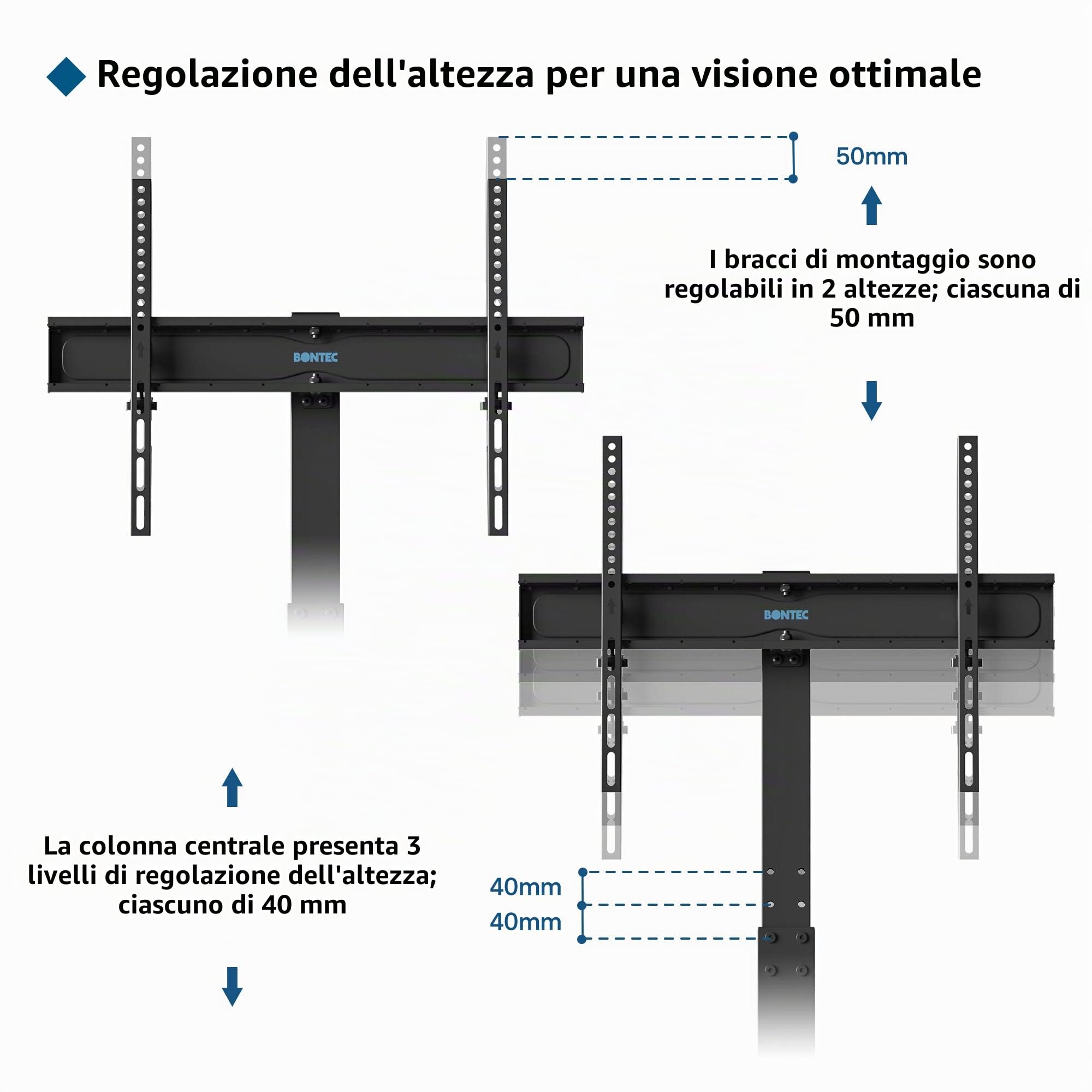 BONTEC Universale Supporto TV da pavimento per TV da 30-70 pollici LED OLED LCD, Porta TV da Terra Regolabile in Altezza con Ripiani in Vetro Temperato a 3 Livelli Max VESA 600x400mm, Fino a 40KG