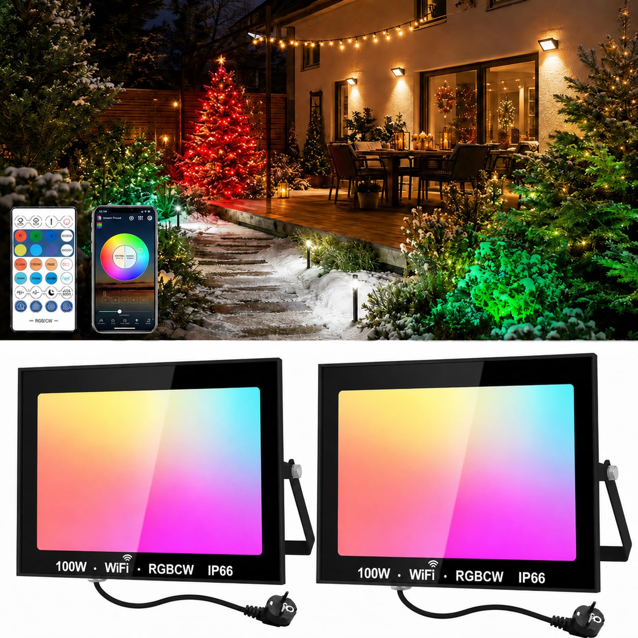 NATPOW Faretto LED per Esterni 100W, Proiettori RGB Controllo APP Bluetooth, Dimmerabile Faretti LED Esterno che Cambia Colore con Telecomando, IP66 Impermeabile per Giardino, Cortile, Feste, 2 Pezzi