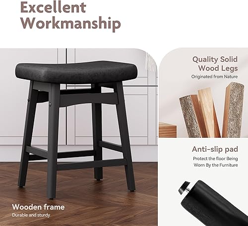Miniatura 5 de ALPHA HOME Juego de 3 taburetes de bar, taburetes de cocina de madera maciza con cojín de piel sintética negra, taburetes de bar con base de madera