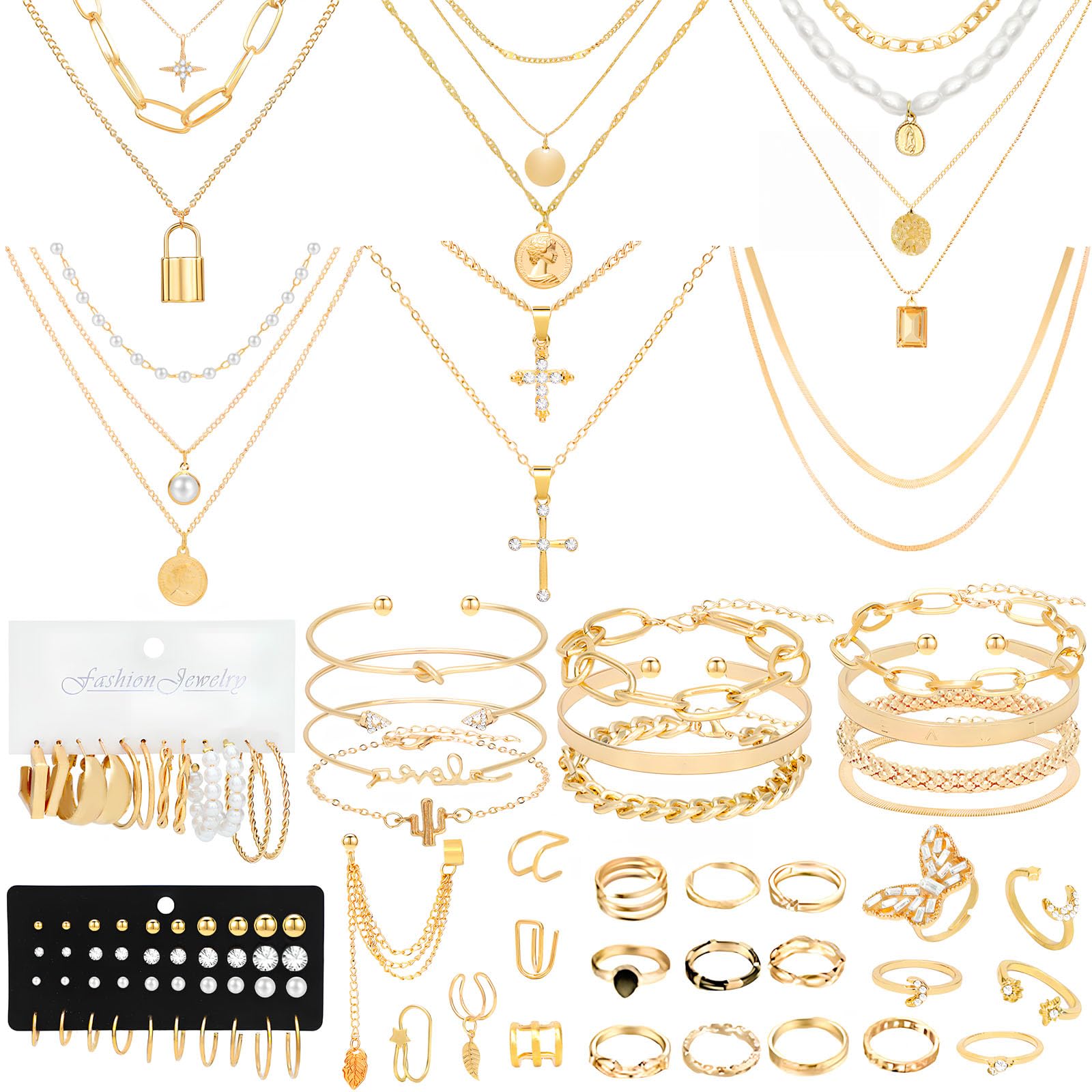 NEWITIN 91 Pieces Gold Jewelry Set for Women Fashion Costume Jewelry Gold Plated Necklace Bracelet Anklet Ring Earrings Set for Women