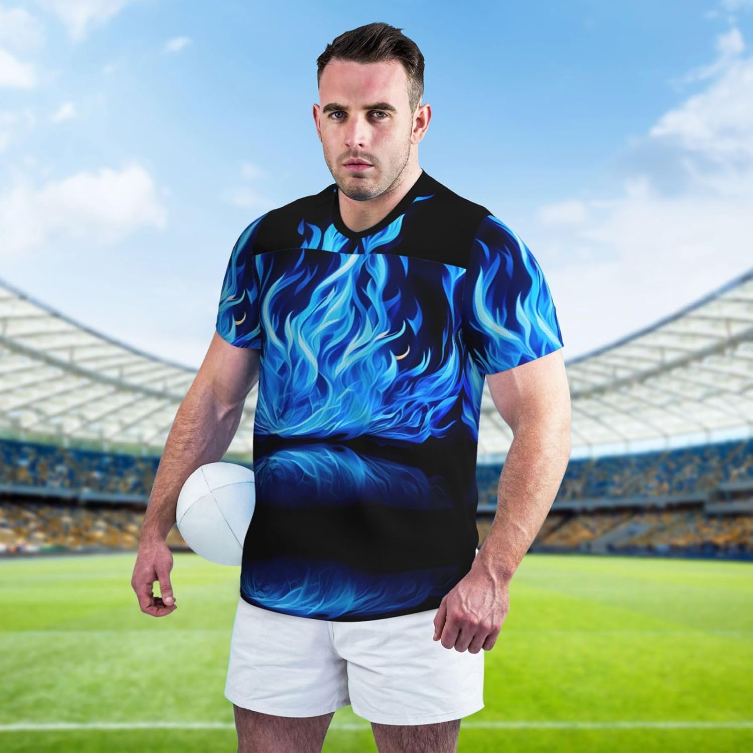 Indigo Flame Print Rugby Football Jersey for Men, Comfortable V-Neck Loose Fit Top for Team Sports Athletics