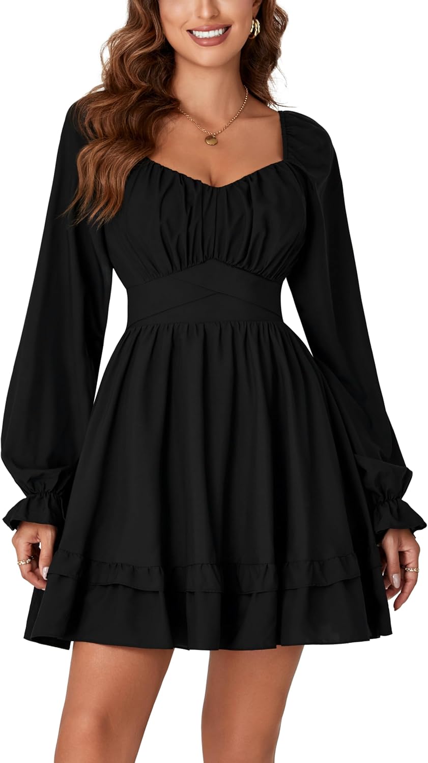 KIFOVEN Women's Lantern Long Sleeve Smocked Wrap Tiered Ruffle Flowy A Line Short Mini Dress - Image 2