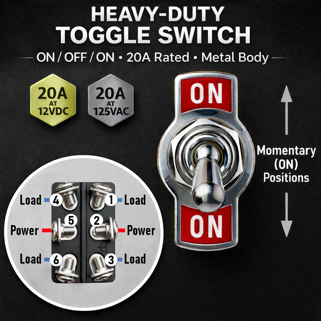 MGI SpeedWare Dual Momentary Metal Toggle Switch with Waterproof Cover | 20 Amp at 12VDC 125VAC | (ON)/Off/(ON), 5-Pack