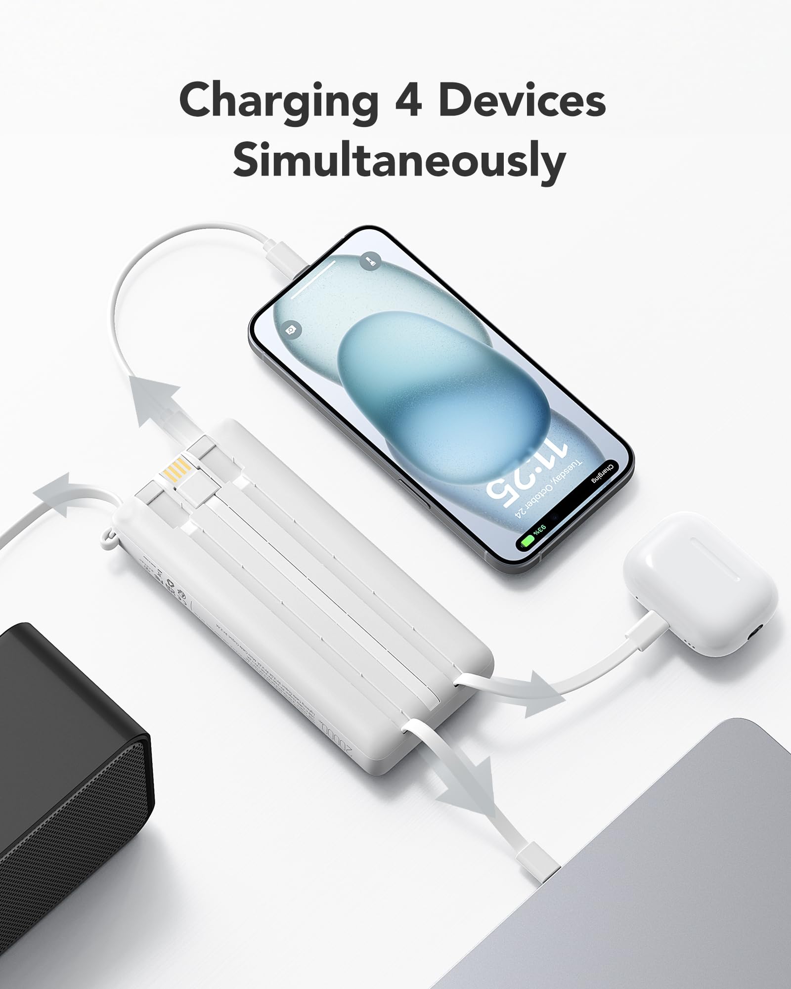 VRURC Power Bank 20000mAh, USB C PD 22.5W Caricatore Portatile Ricarica Ultra Rapida con 4 Cavi Ricarica Integrati, Powerbank Batteria LED Display con 4 Uscite & 2 Ingressi per Smartphone