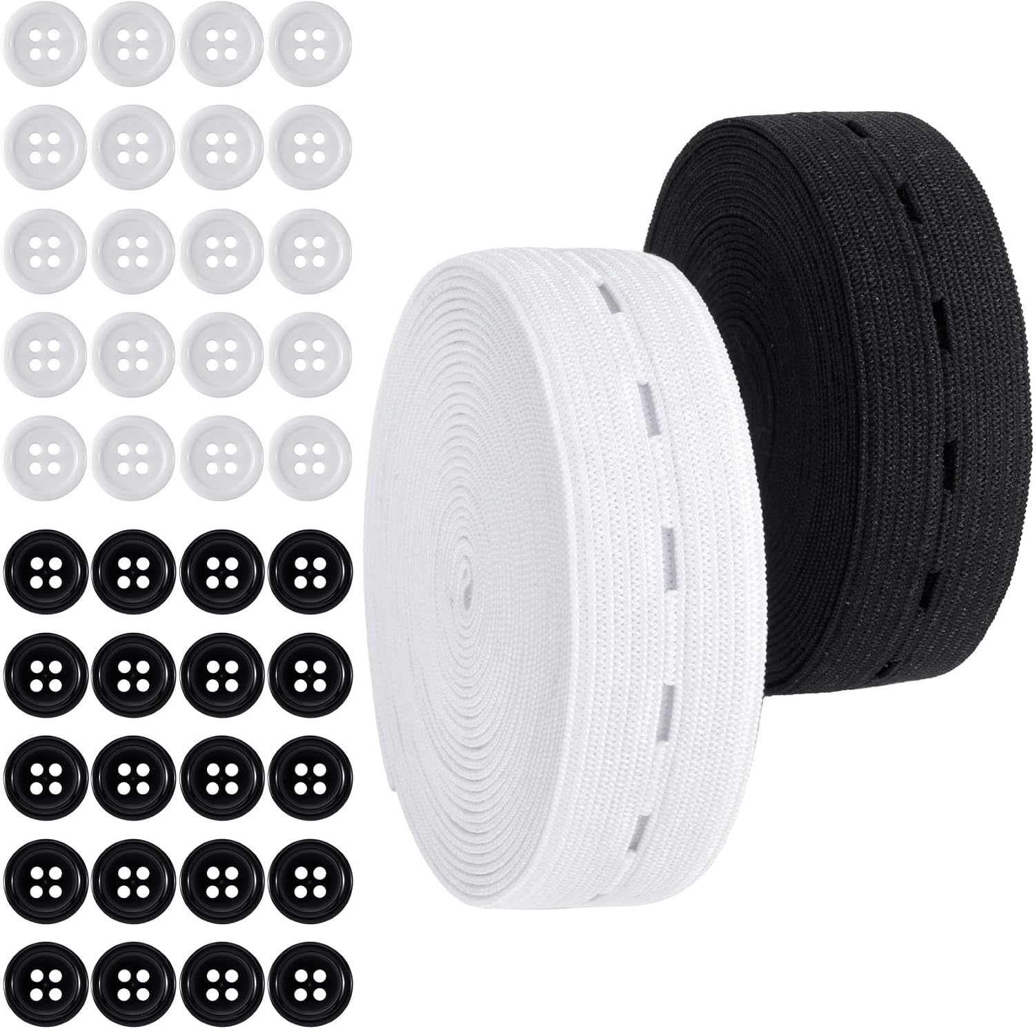 42pcs Elastic Band with Buttonholes, 3/4 Inch Wide Elastic Bands for Sewing, Adjustable Waistband Strap Supplies for Clothes Pants Jean DIY Craft- Black & White