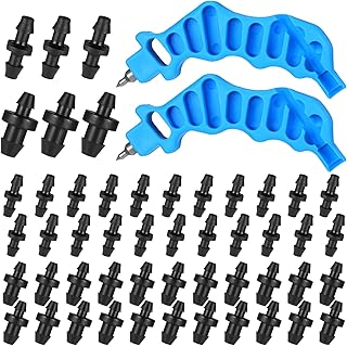 Hestya 2 Pcs 2-in-one Drip Irrigation Tubing Hole Punch and Fitting Insertion Tool and 50 Pcs 1/4" Drip Irrigation Fittings Kit 25 Barbed Connectors 25 Plugs, Easier 1/4" Fitting Emitter Insertion