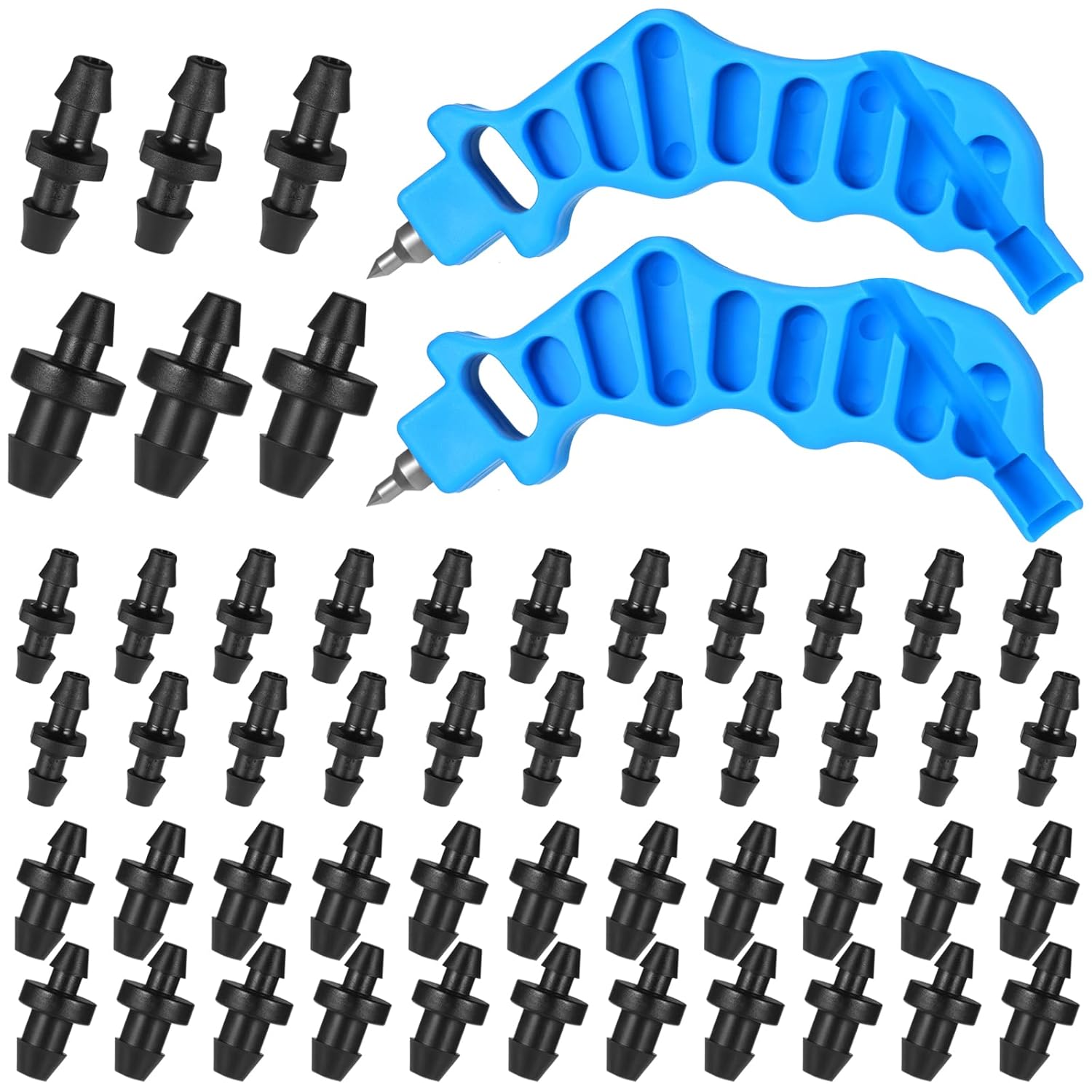 Hestya 2 Pcs 2-in-one Drip Irrigation Tubing Hole Punch and Fitting Insertion Tool and 50 Pcs 1/4″ Drip Irrigation Fittings Kit 25 Barbed Connectors 25 Plugs, Easier 1/4″ Fitting Emitter Insertion