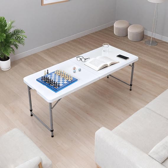 Lakhow 4FT Folding Table, Fold in Half Adjustable Height Heavy Duty Plastic Utility Table with Carrying Handle, White | HDPE Top for Indoor Outdoor Camping Party Dining