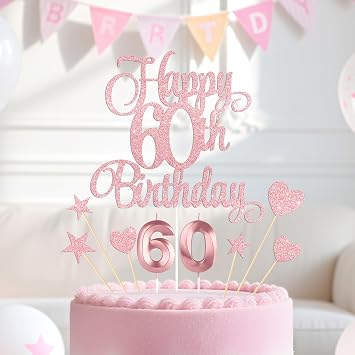 Rose Gold Happy 60th Birthday Cake Decorations, Glitter 60th Birthday Cake Toppers Set and Numeral 60 Candles for Birthday Party Supplies, Heart Star Cupcake Decorations