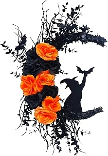 Halloween Wreath-Black Cat Moon Wreath with Witch Bat-like Cats & Orange Roses,Gothic Door Hanging Decoration-Durable Plastic,Indoor/Outdoor Haunted House, Holiday Party, Lightweight Ornament