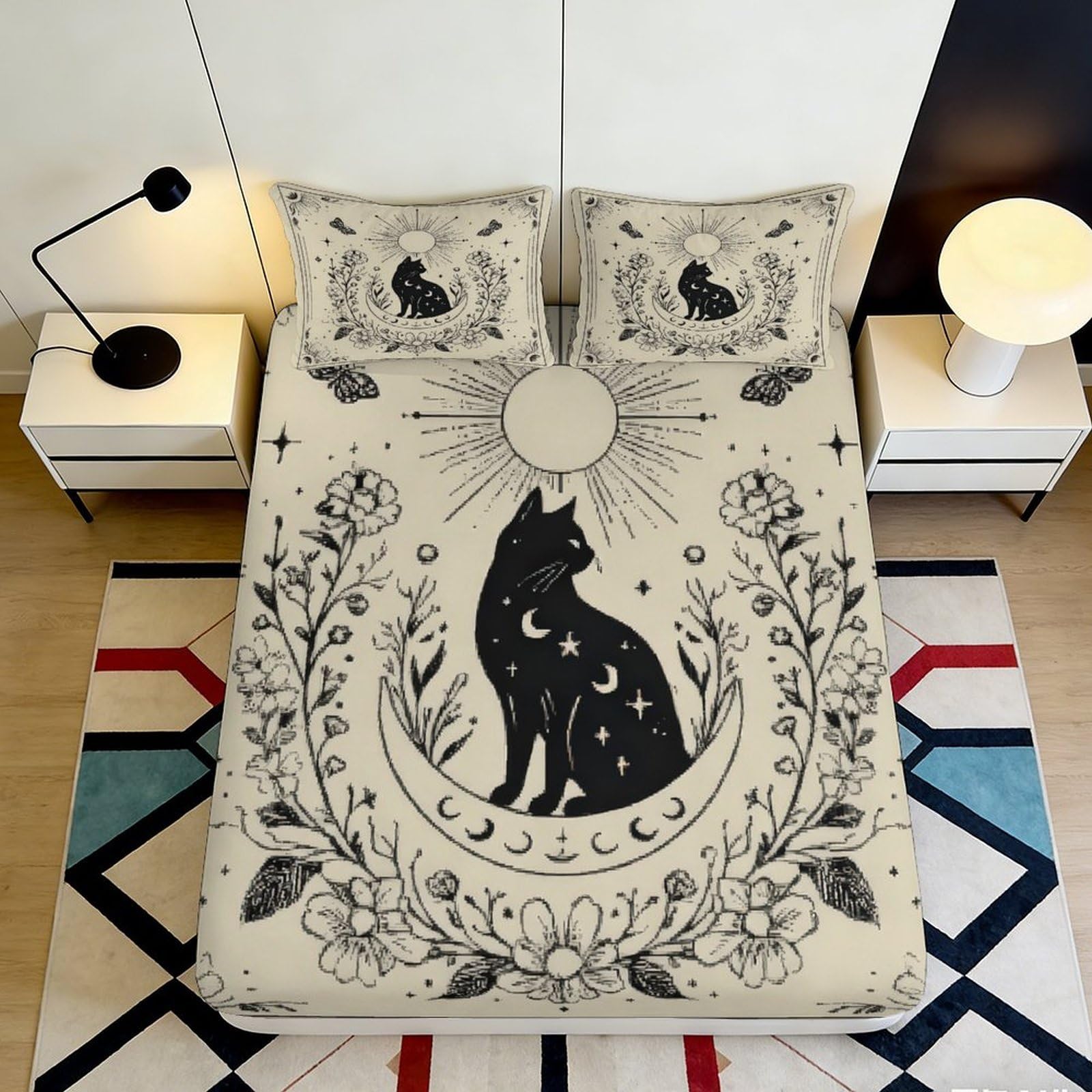 3D Printed Mystic Cat Fitted Sheet Microfiber Soft Breathable Floral Moon Mattress Cover for Bedroom Decor 90x200x25cm