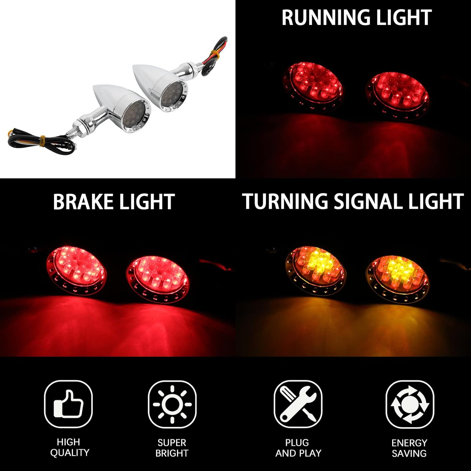 DREAMIZER Chrome Motorcycle Turn Signals 15 LEDs Bullet Front Rear Indicator Lights Amber Red Light Compatible with Harley Cruiser Softail StreetBike Chopper Bobber Cafe Racer