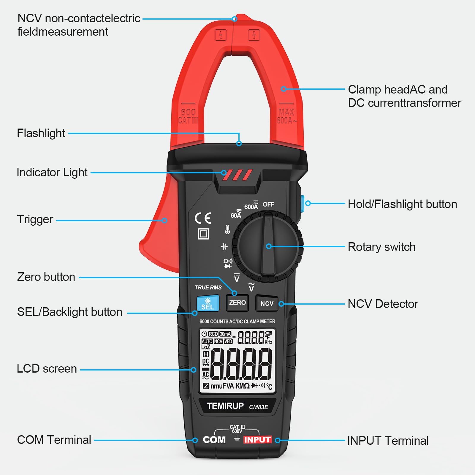 Digital Clamp Meter Multimeter, TRMS 6000 Counts 600A Current Amp Volt Meter, Auto-Ranging Voltage Tester Measures AC DC Current Voltage Resistance Capacitance Temperature Diodes Continuity NCV — Amazon image 9