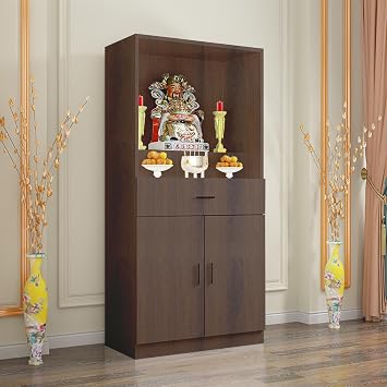 Altar Table with Storage, Large Pooja Cabinet with Doors & Pull-Out Worship Shelf, Wood Construction, 15.739.10 Wide Shrine Table for Home, Office or Temple Use, Multi-Tier Design for Prayer Items