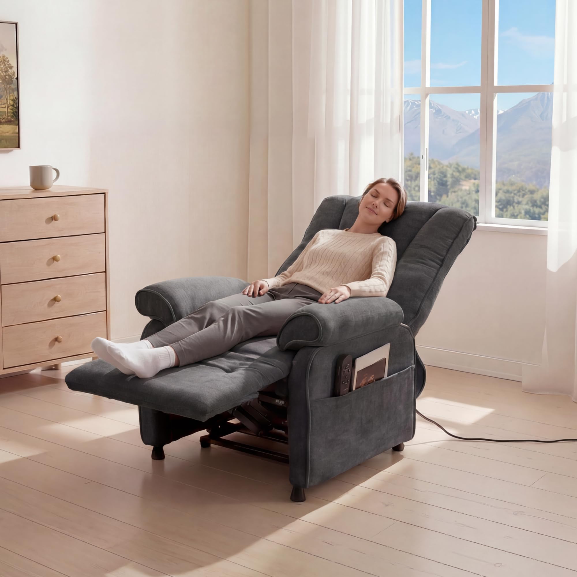 FLEXISPOT Elektryczny fotel relaksacyjny 95°–155° – 155°, uchwyt 150 kg, ergonomiczny fotel telewizyjny z podnóżkiem, regulowane oparcie, gruba wyściółka, kieszeń boczna, ciemnoszary