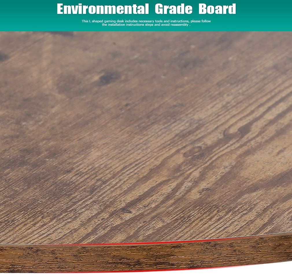 Close-up of the desk's edge, highlighting the environmental grade board material used for the desktop.