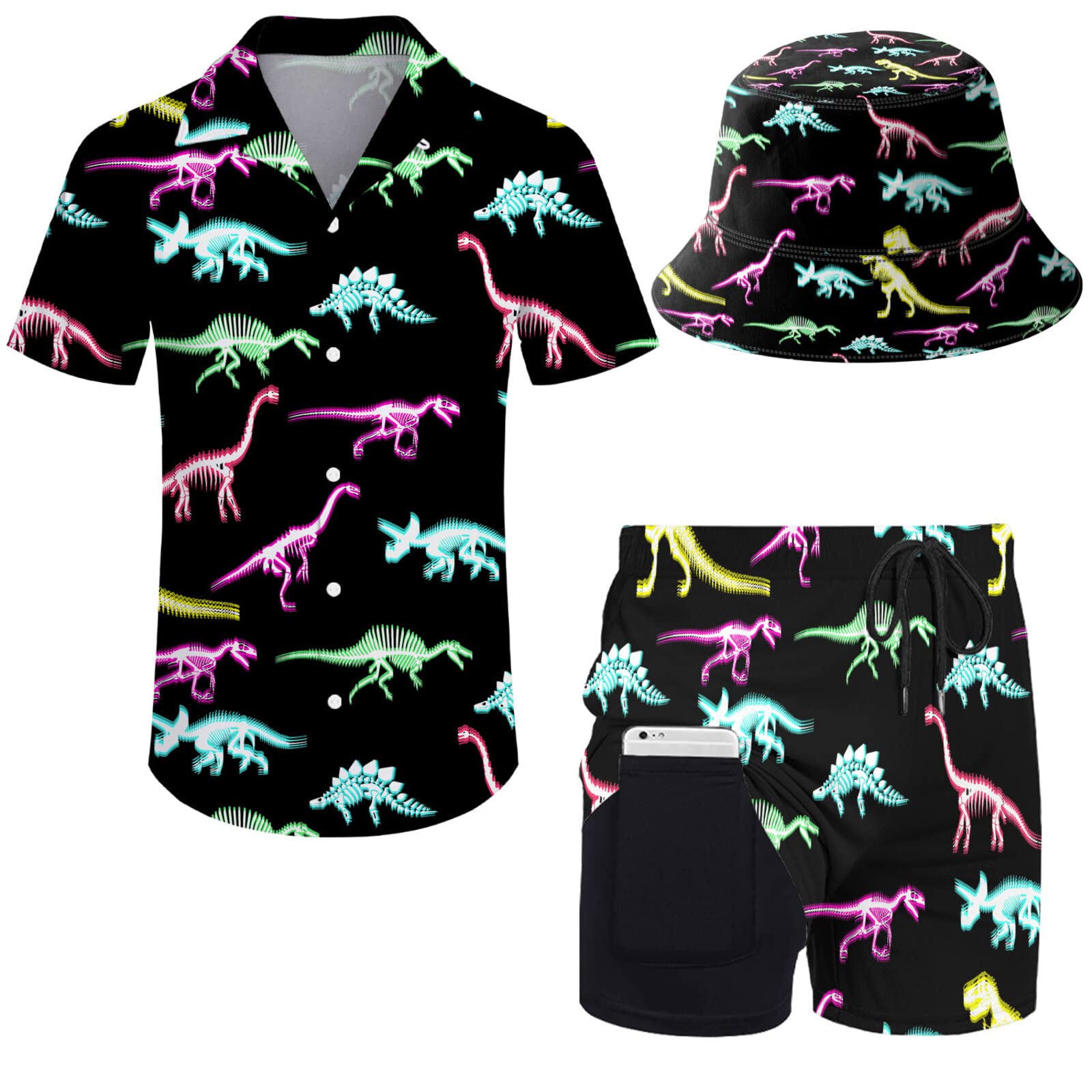 Wdpsuxin Mens 2 Piece Tracksuit Hawaiian Button Down Shirt and Compression Liner Shorts Sets with Bucket Hats, Trippy Dinosaur, XL